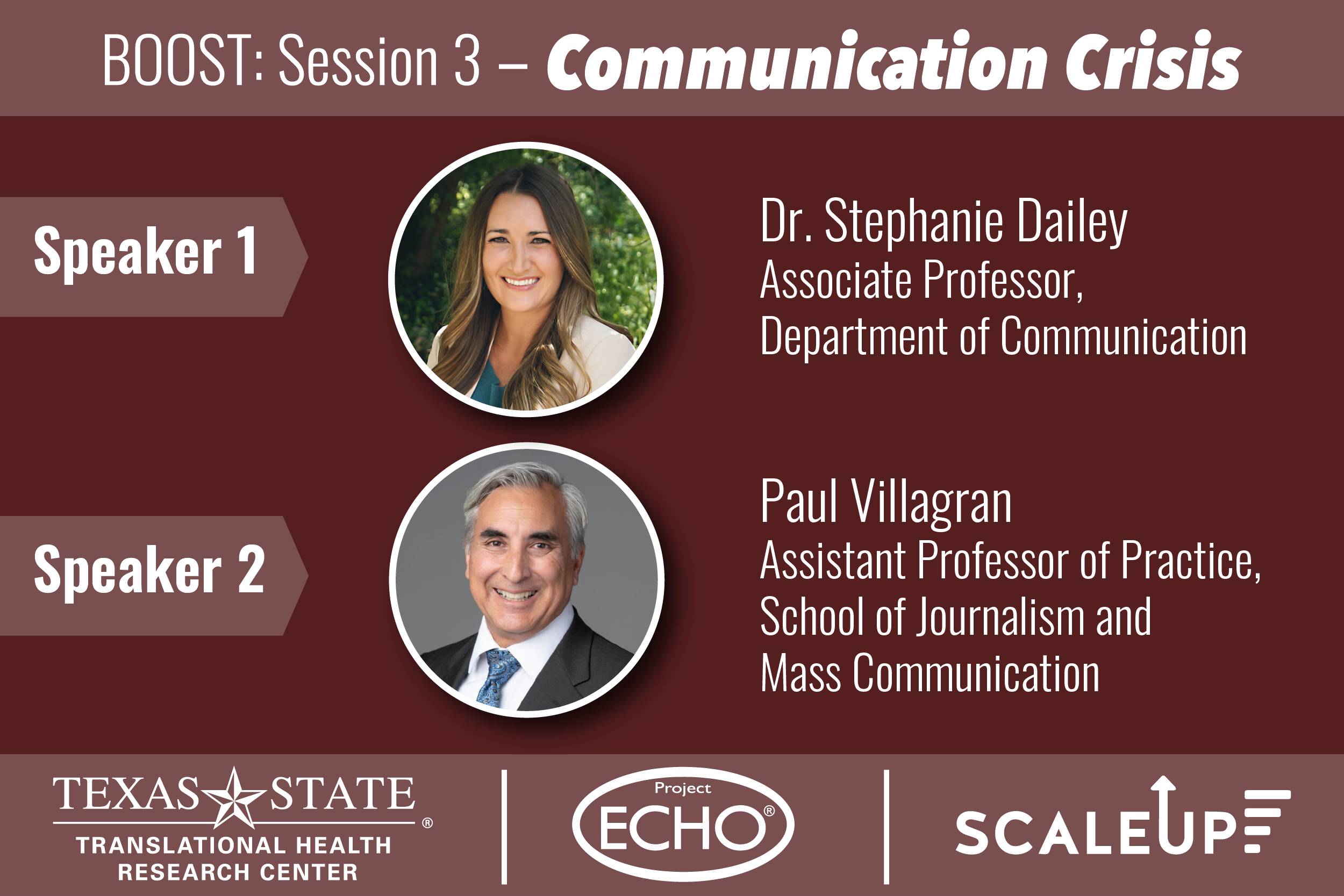 Headshots of Dr. Stephanie Dailey and Paul Villagran with the title "BOOST - Small Businesses Crisis Communication. With Guests Dr. Stephanie Dailey and Paul Villagran."