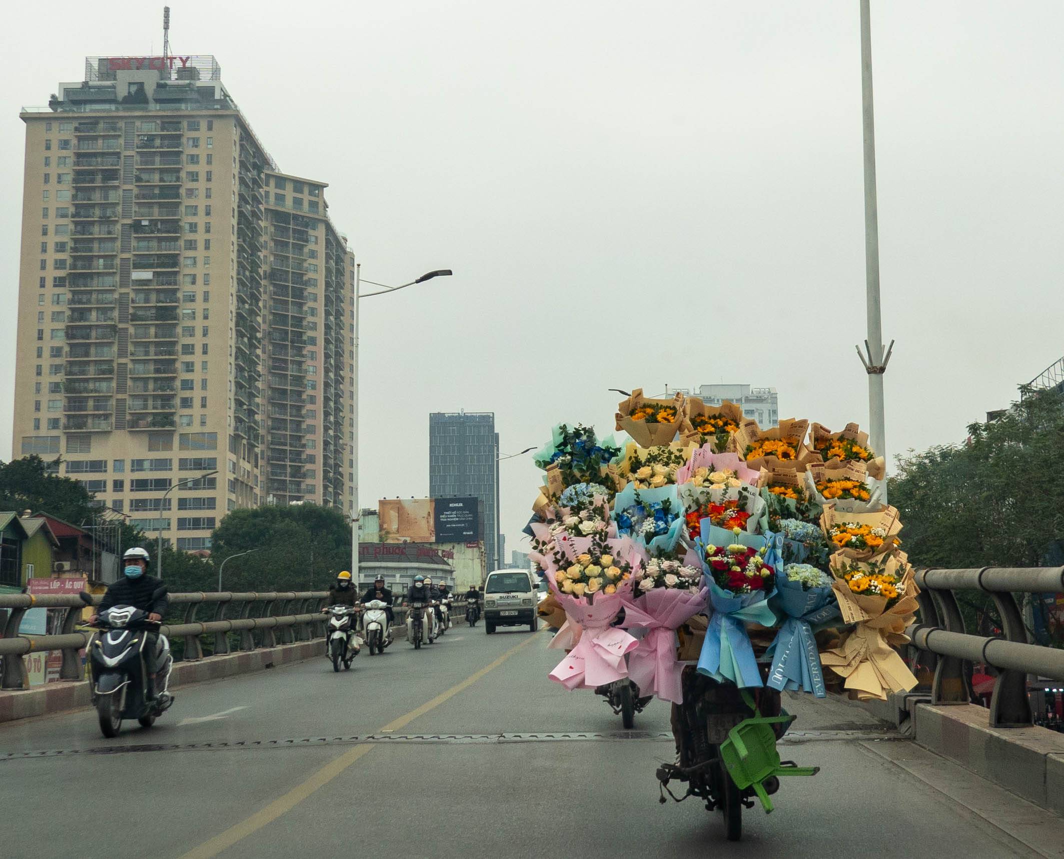 flowers on back seat of motorbike on street seen from behind