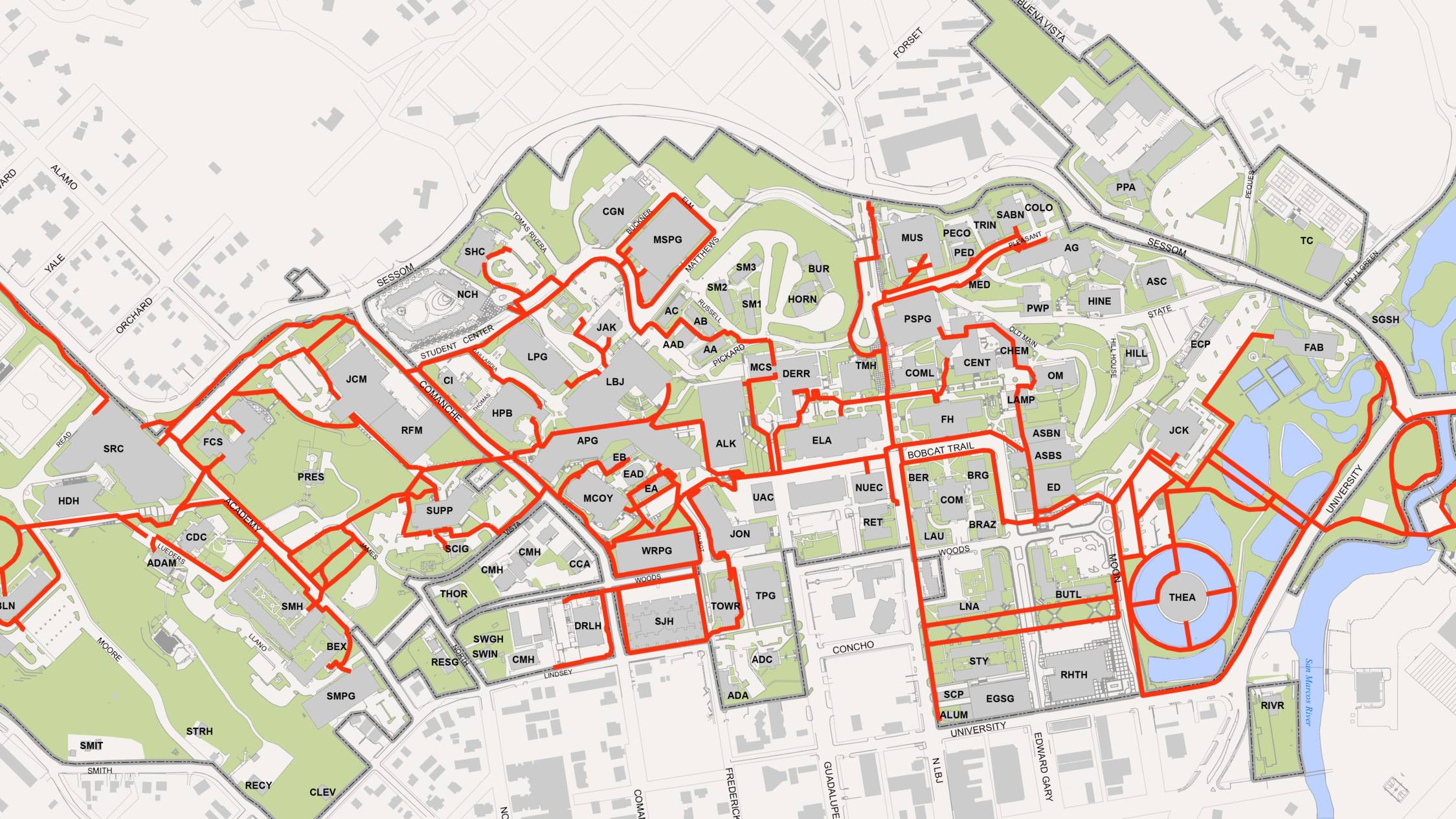 Campus map with ADA routes drawn in red