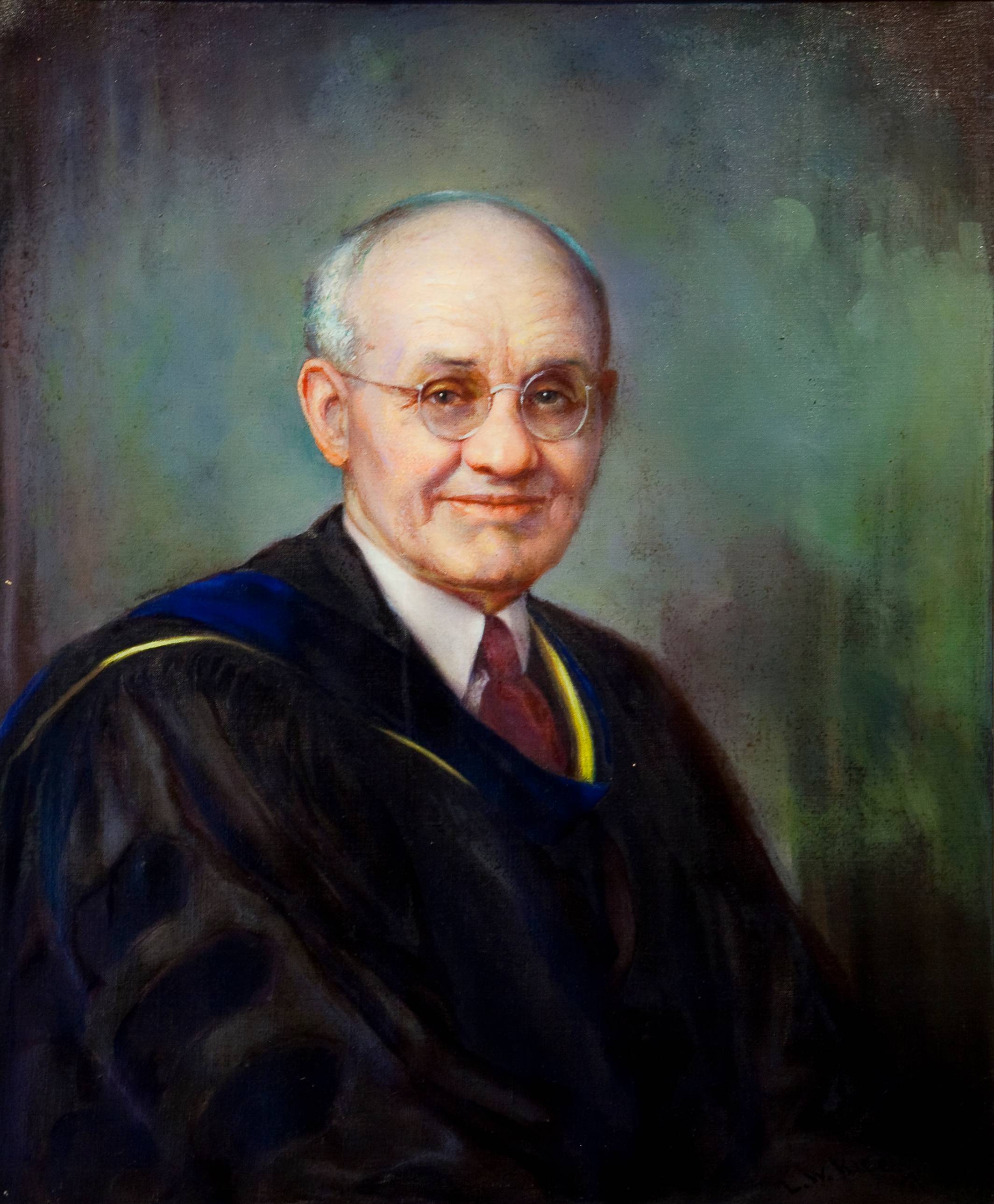 A painting of C.E. Evans. He's an elderly white man, with receding gray hair and round glasses. He's wearing professorial black robes with a stole trimmed in blue and yellow, and a red neck tie.