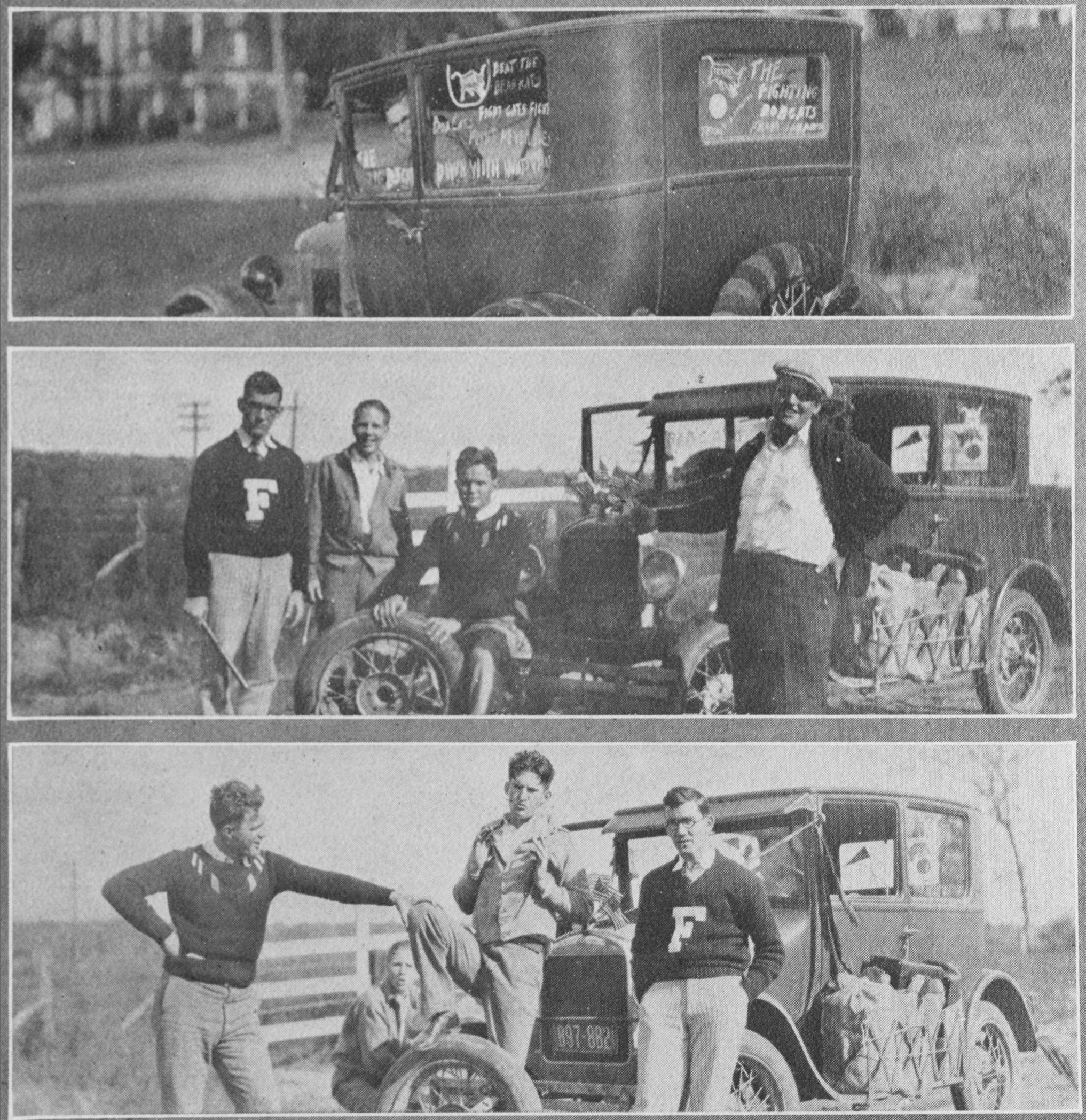 A spread from a 1920s 'Pedagog,' showing three photos. The first shows a car decorated for a football game: the student has written things like 'Fight Cats Fight!' and 'Beat the Bearkats' on the windows. The second and third shows a group of young men posing and cutting up for the camera in front of their car, taking a break while seemingly changing a tire. 