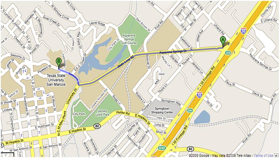 Map displaying location of the physical plant building in context of i-35