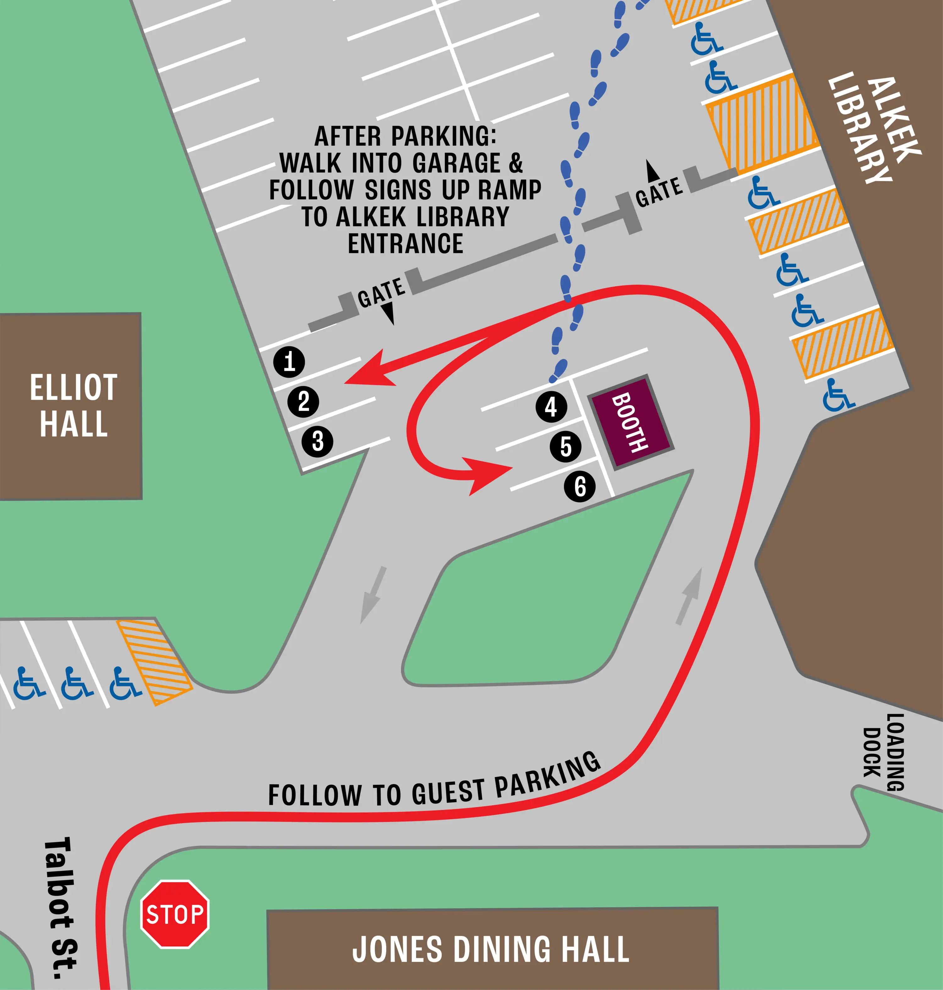 image of a map showing six visitor parking spaces outside of the Alkek Parking Garage