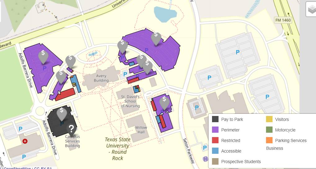 Map showing parking at Texas State University Round Rock Campus