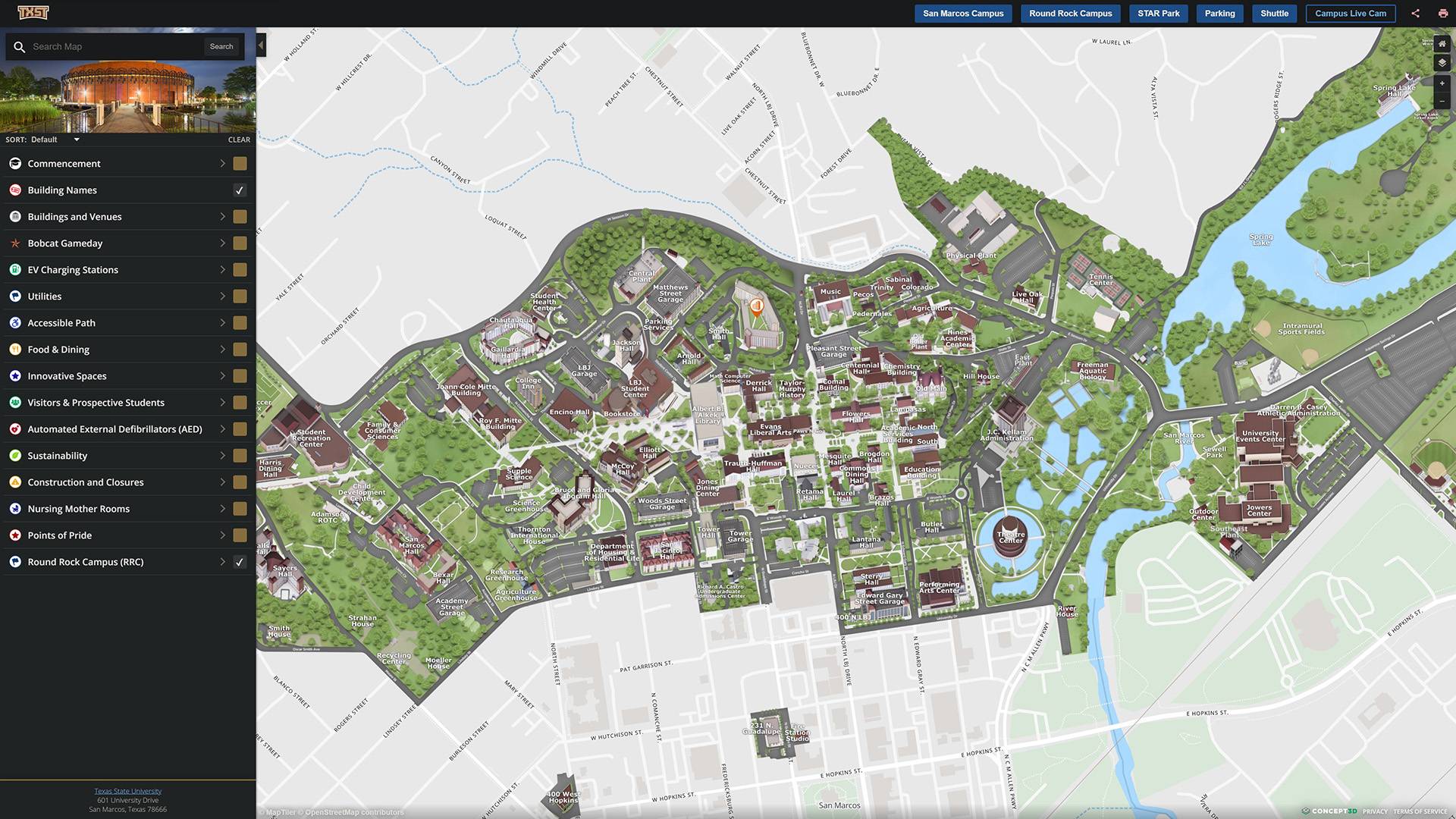 A screenshot of map.concept3d.com showing the San Marcos campus map.