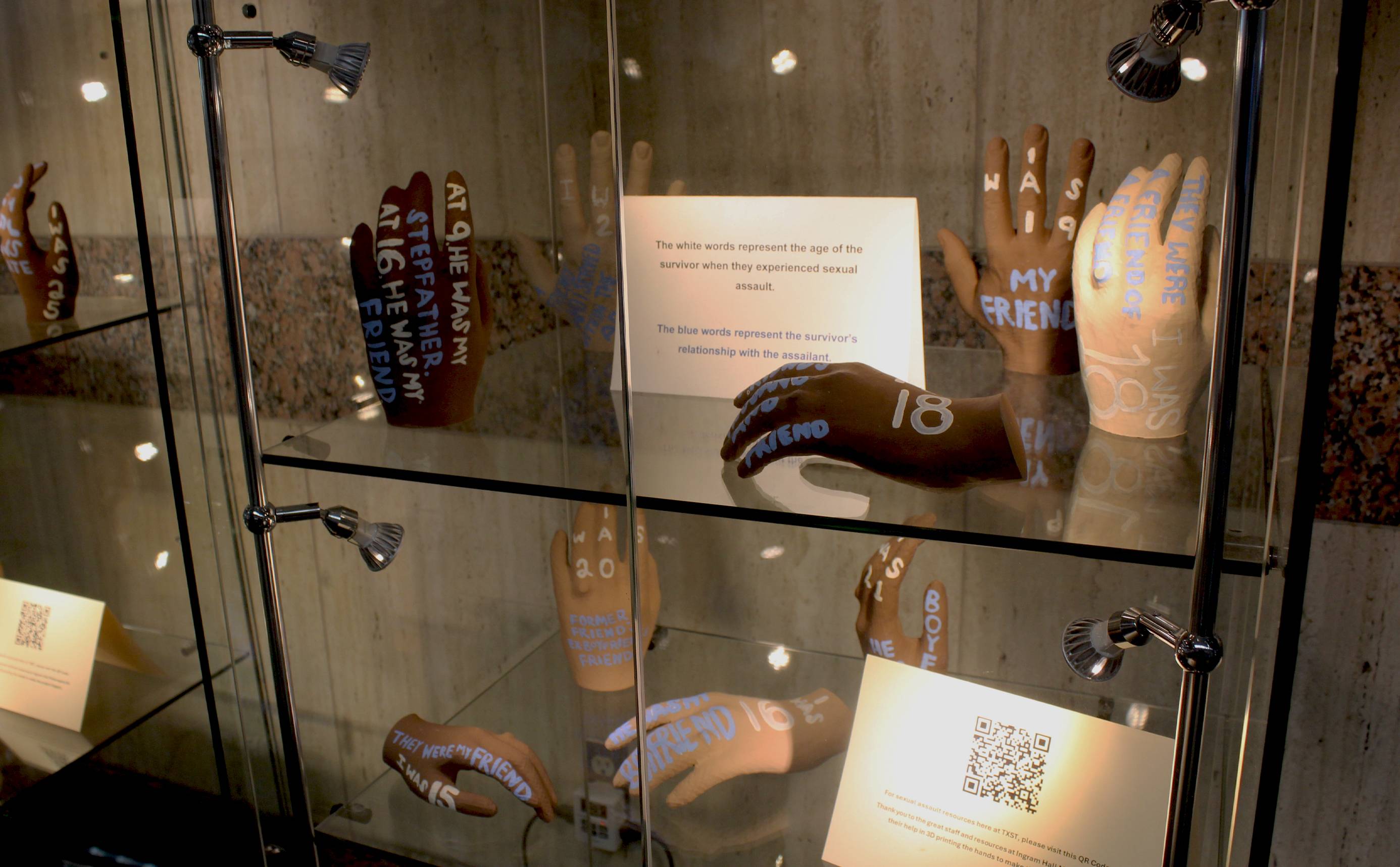 Case display of hands with words on them