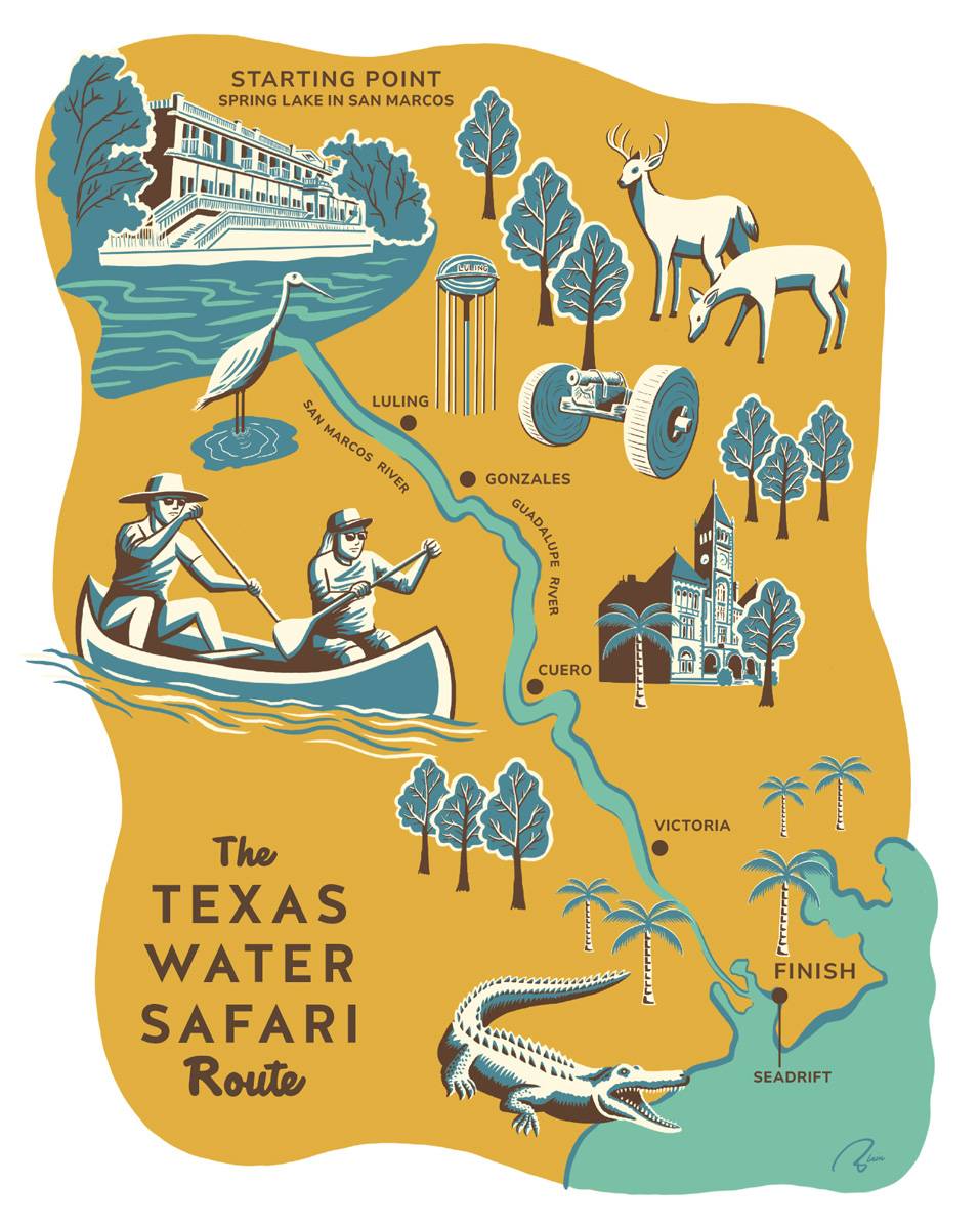 illustrated map of the texas water safari route