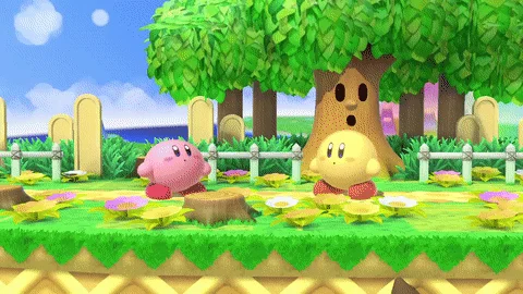 Animation of Smash Brothers gameplay Kirby swallowing another Kirby and spitting him out as a star