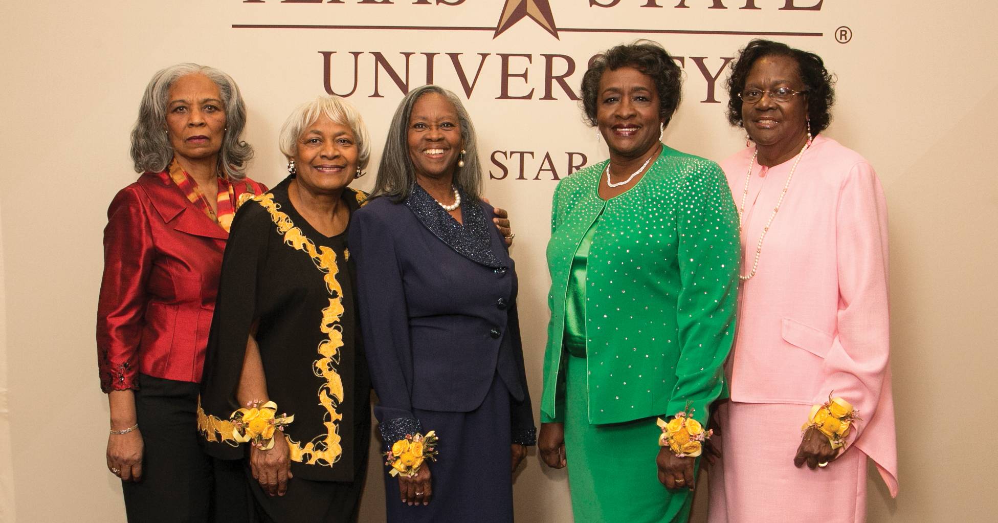 From left to right, Dana Jean Smith, Helen Jackson Franks, Georgia Hoodye Cheatham, Gloria Odoms Powell, and Mabeleen Washington pictured during their return to TXST in 2021.