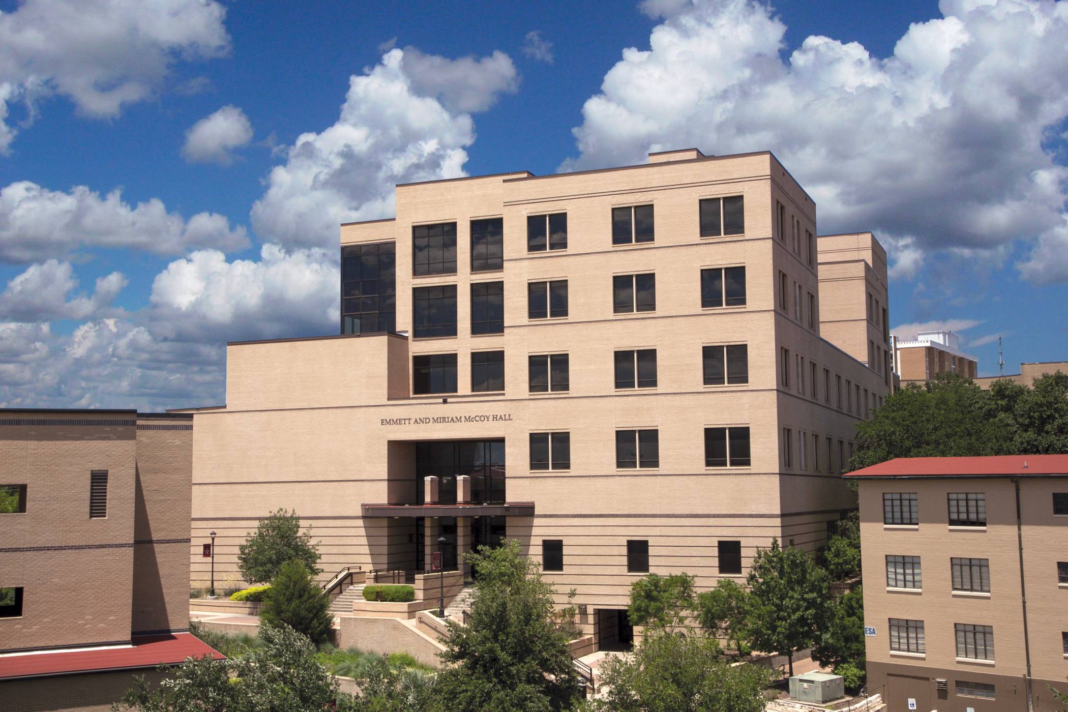 A view of McCoy Hall from its north entrance. 