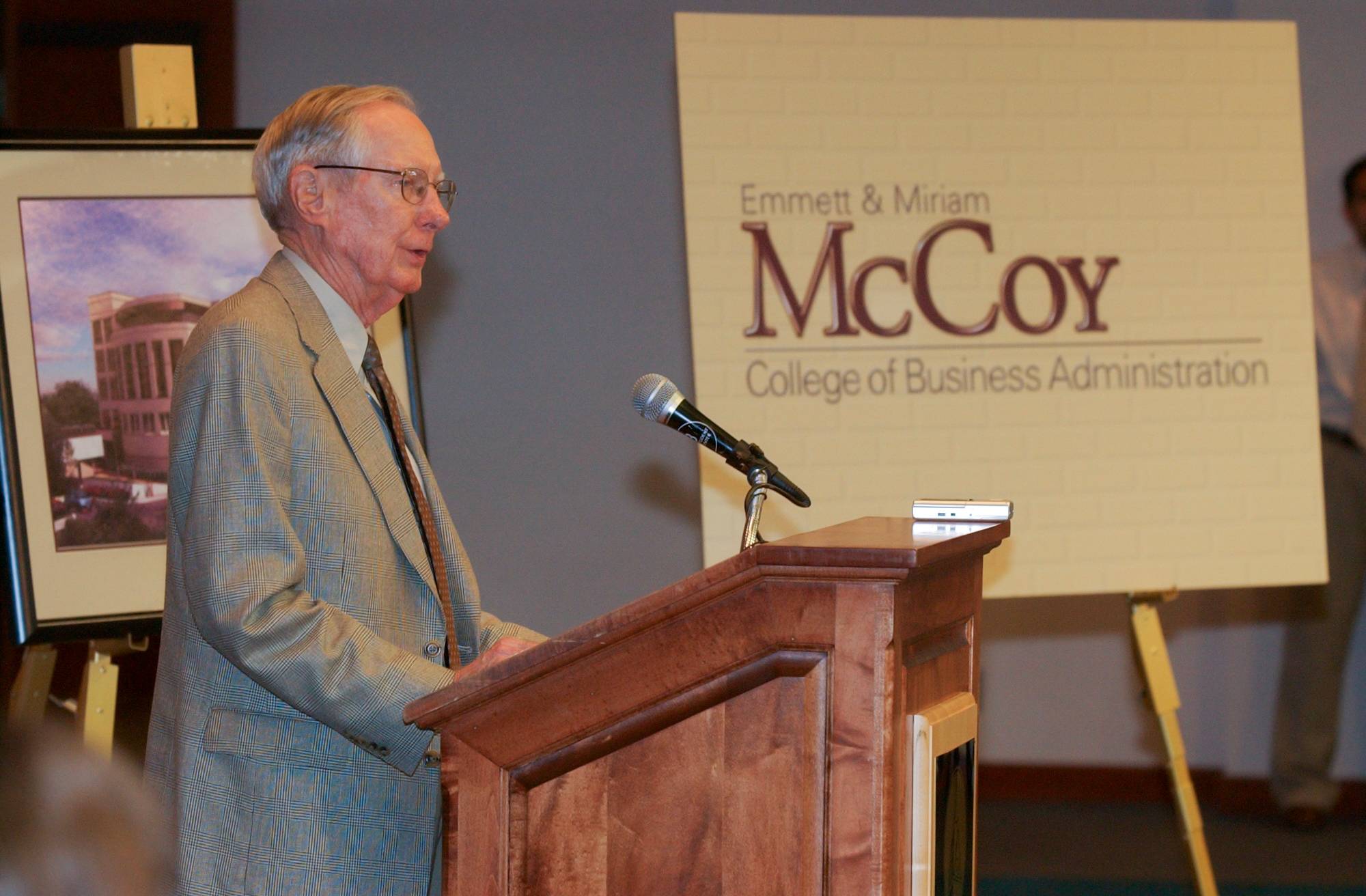 Emmet McCoy giving a speech at the grand opening of McCoy Hall. 