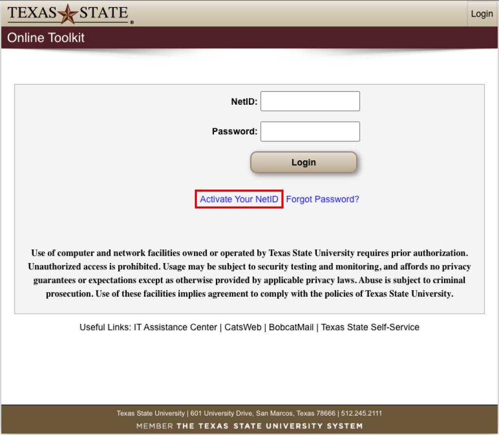 Login page of online toolkit. The highlighted ink below says activate your netid.