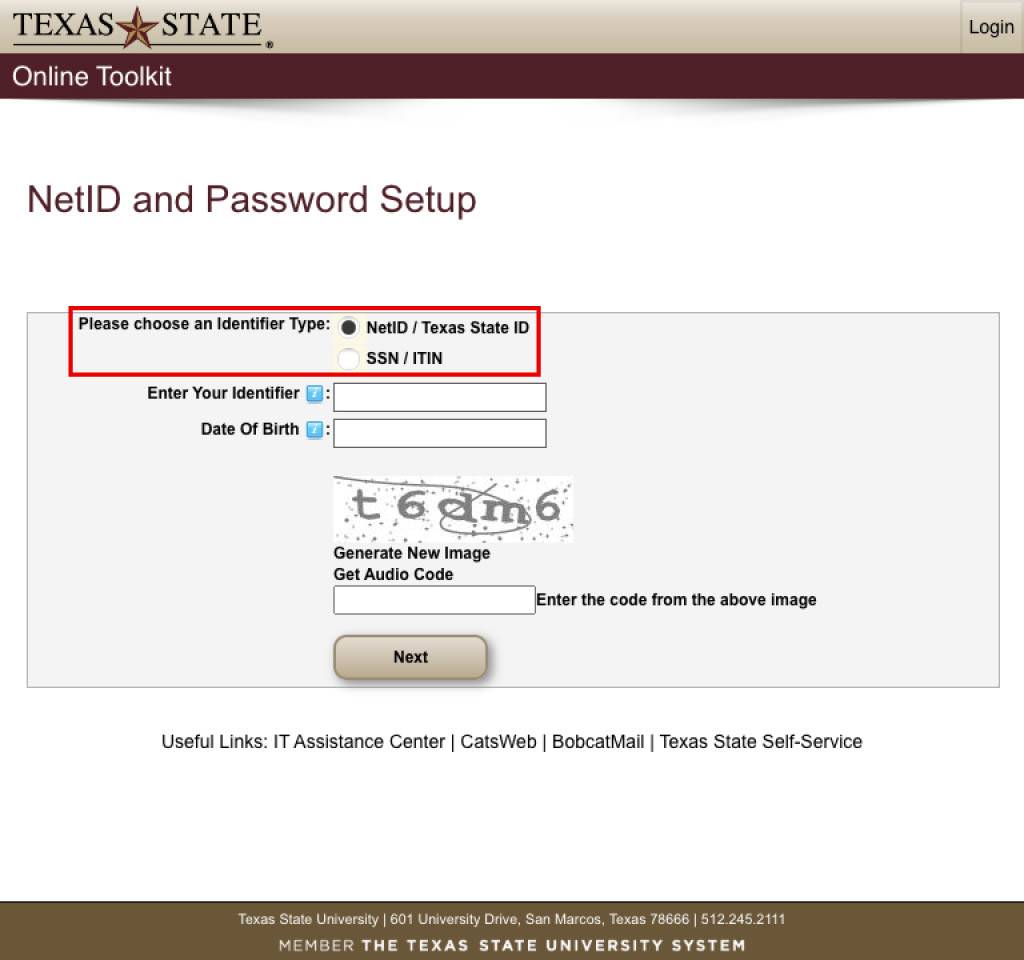 NETID and password setup page. The option to select your identifier type is highlighted.