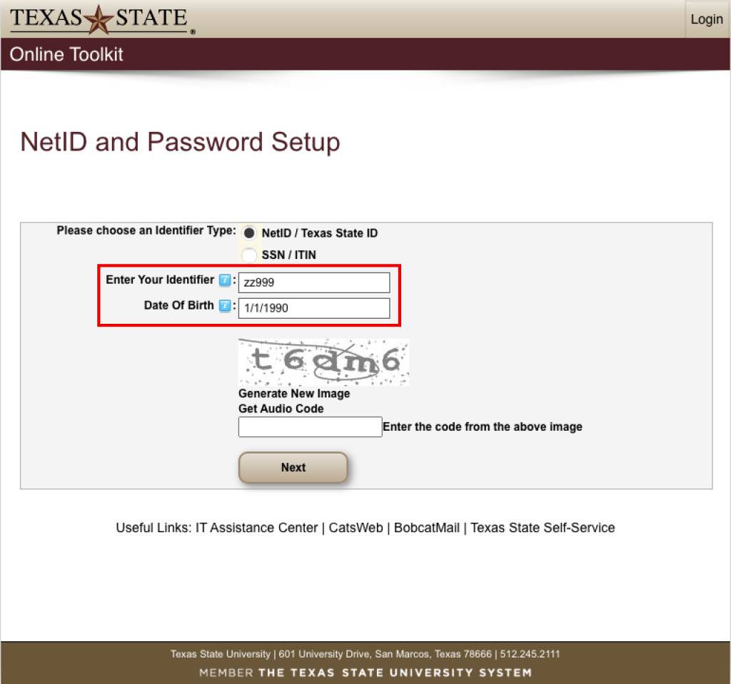NetID and Password Setup page. The identifier and date of birth fields are highlighted.