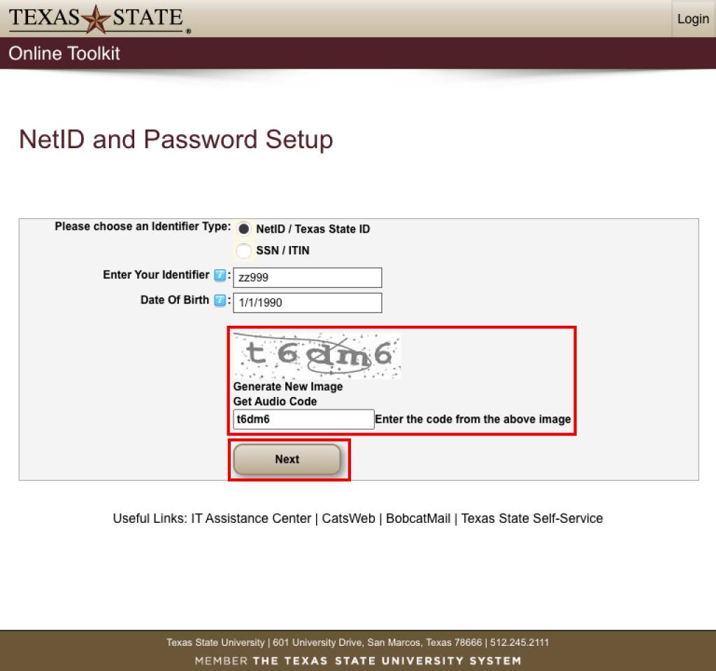 The NetID and password setup page. The captcha field and next button are highlighted.