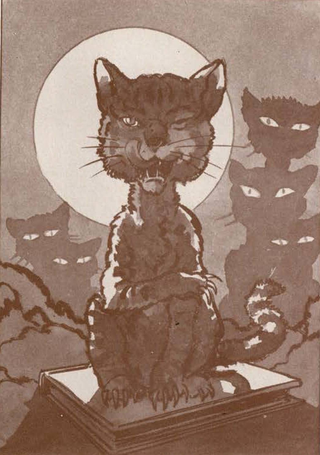 A vintage illustration from the Pedagog in sepia tones of a bobcat winking, licking its chops, backlit by the moon. Behind the central bobcat, a crowd of more cats are silhouetted, only their glowing eyes are visible.