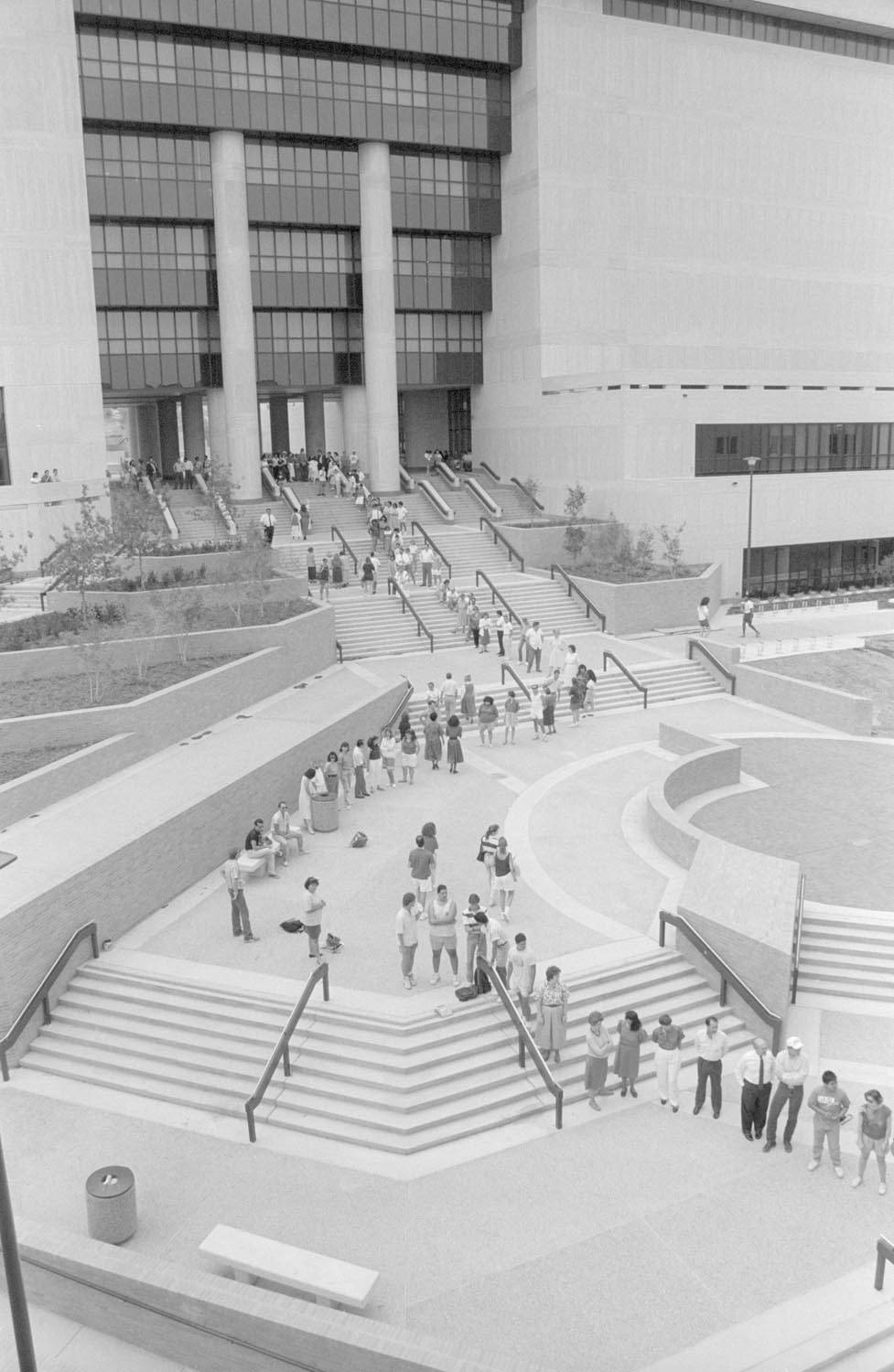 An aerial view of students participating in the Book-it Brigade. They stand in a line winding down the steps of Alkek library, passing books down the line like an old-fashioned fire brigade would pass buckets of water.