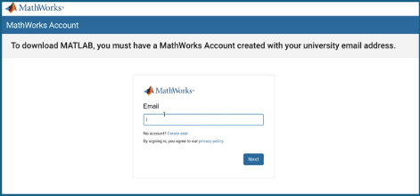 Screen of Mathworks, prompting for an email to be put in