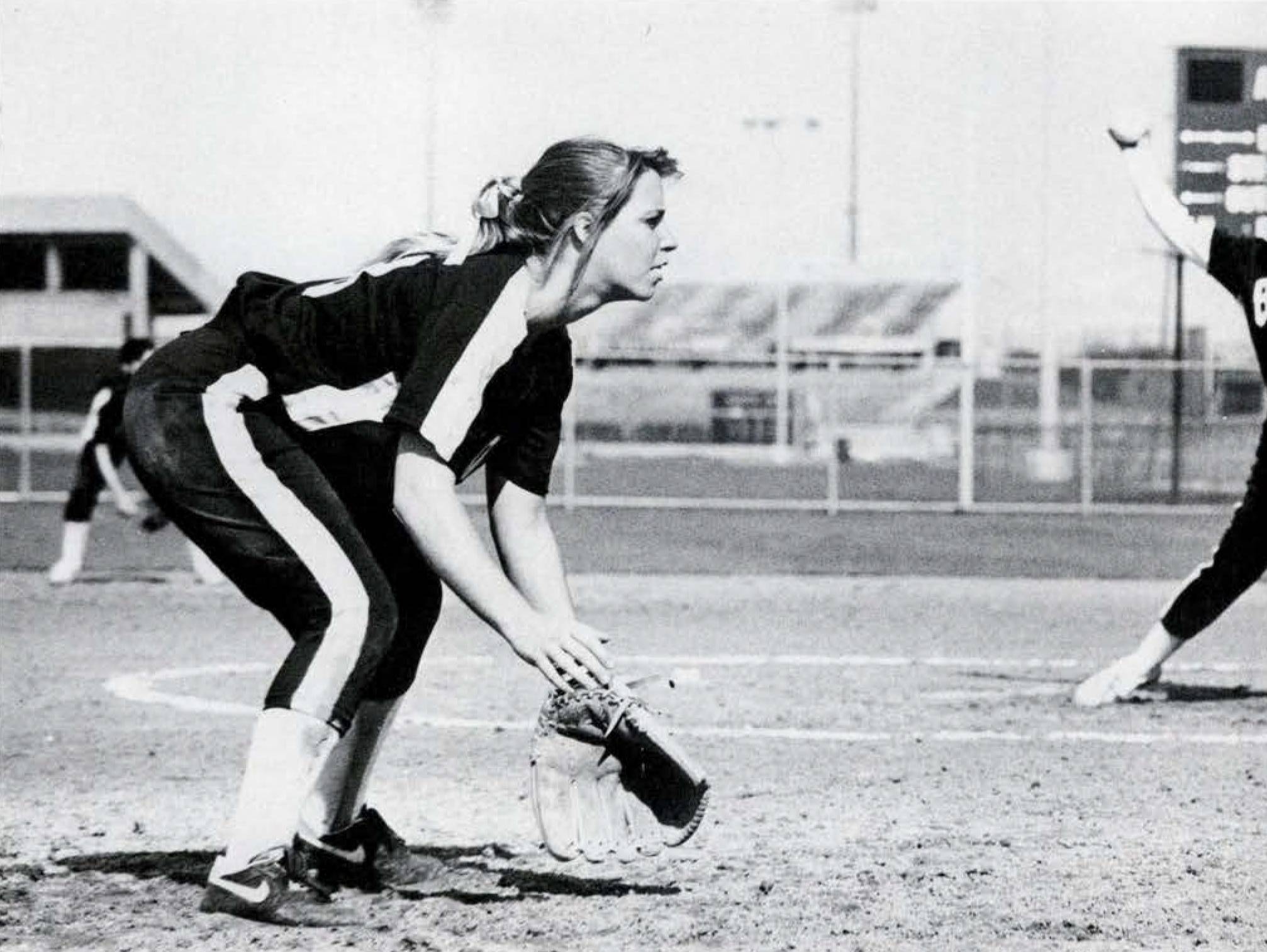 A TXST softball player ready to catch the softball circa 1992. 