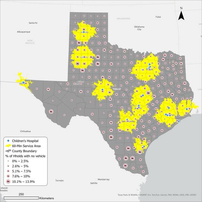 Map of sixty-minute service areas from children’s hospitals in Texas.