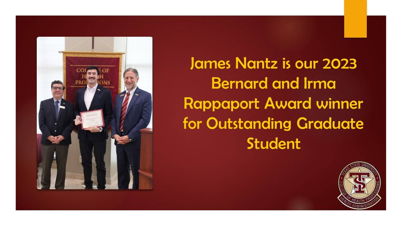 James Nantz being presenting Outstanding Graduate student certificate from Dean Sayed and Dr. Lieneck