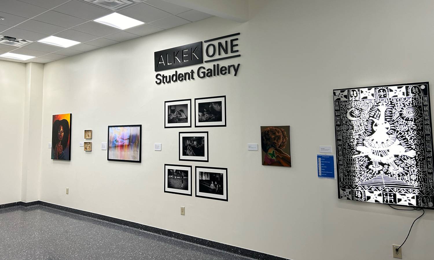 Photo of artwork hanging in Alkek One Student Gallery