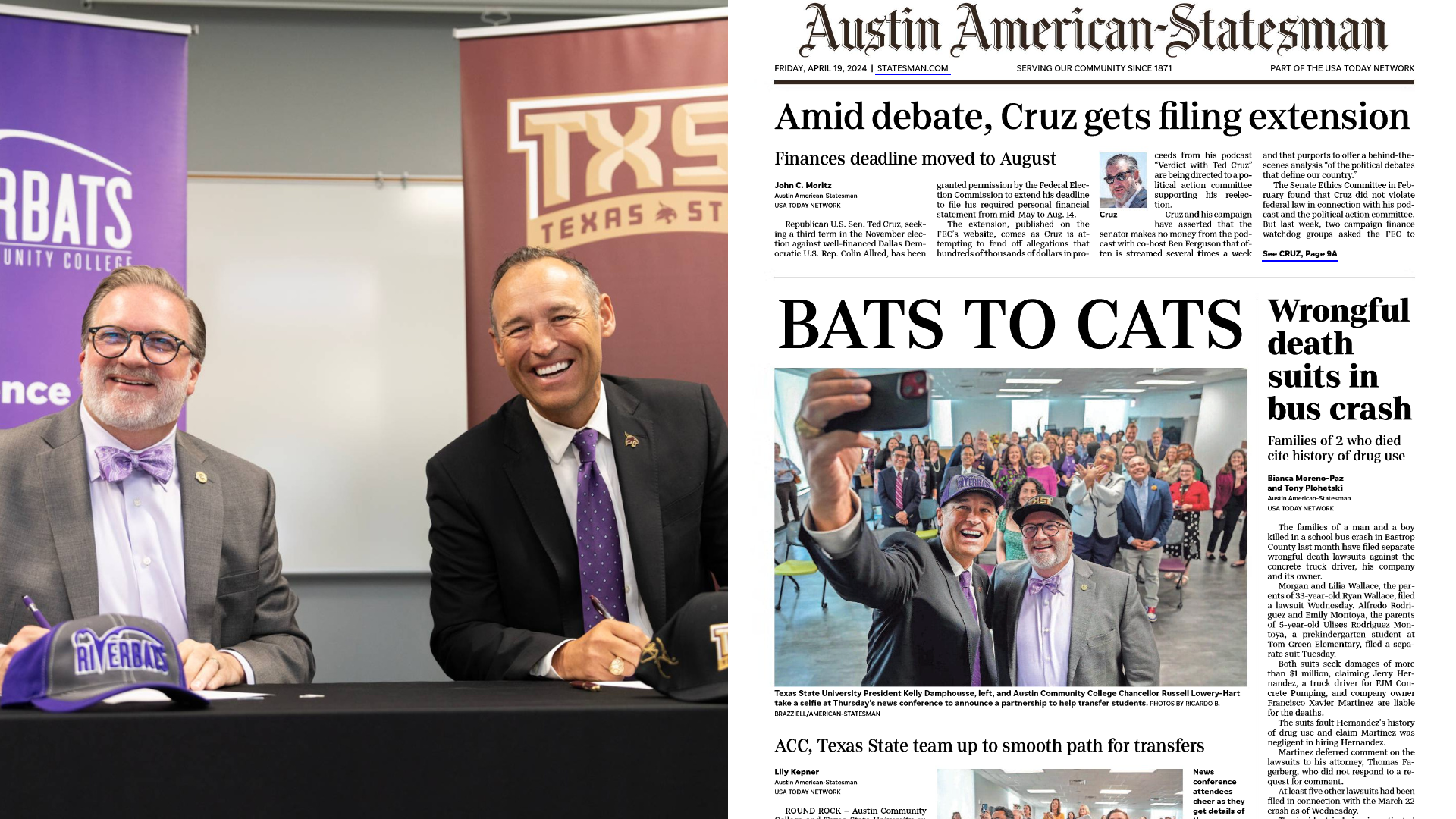 ACC Chancellor Russell Lowery-Hart, left, poses for a photo with TXST President Kelly Damphousse. Along side the cover of the Austin American Statesman featuring Bats to Cats information