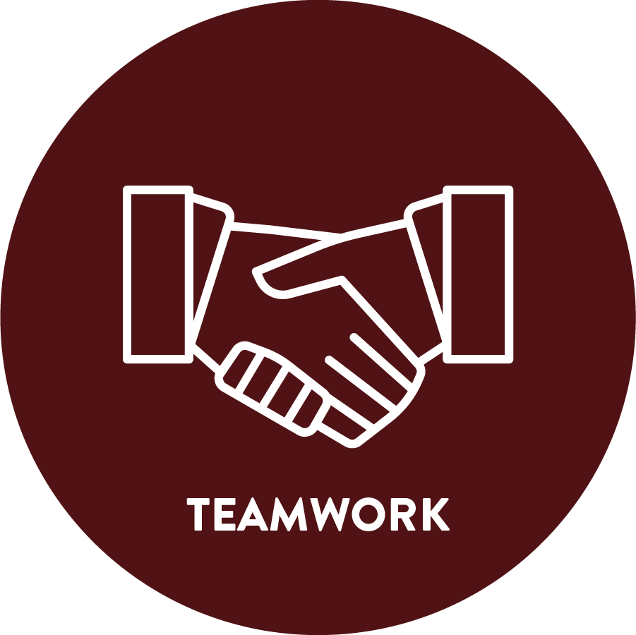 Shaking hands icon and the word teamwork