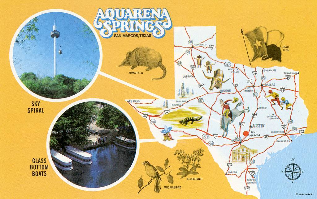 Yellow retro postcard featuring a map of the state of Texas with landmark images pulled out. The images include an armadillo, sky spiral, glass-bottom boats, and other local flora and fauna. White and blue text reads: "Aquarena Springs -- San Marcos, Texas"