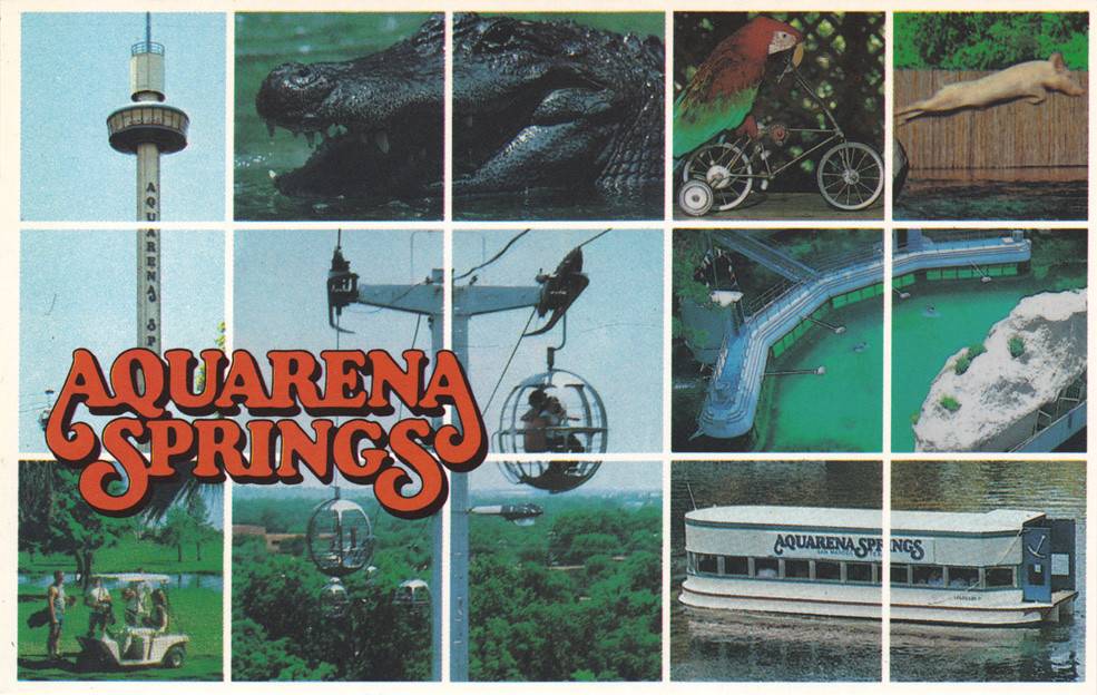 Blue retro postcard showing a myriad of scenes, including a glass-bottom boat, golf cart, bikes, alligator, and a leaping pig. In red font it reads: "Aquarena Springs"