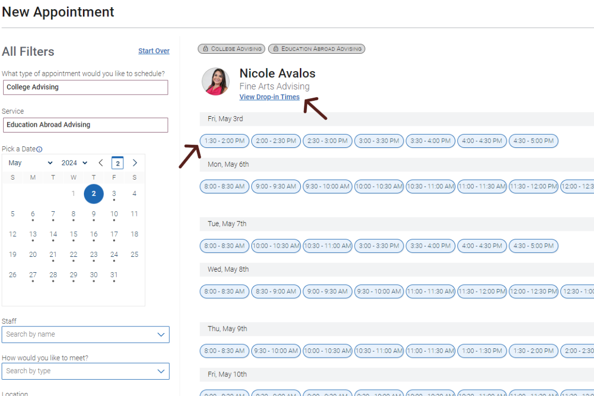 Screenshot of Appointment Availability page on Navigate Desktop