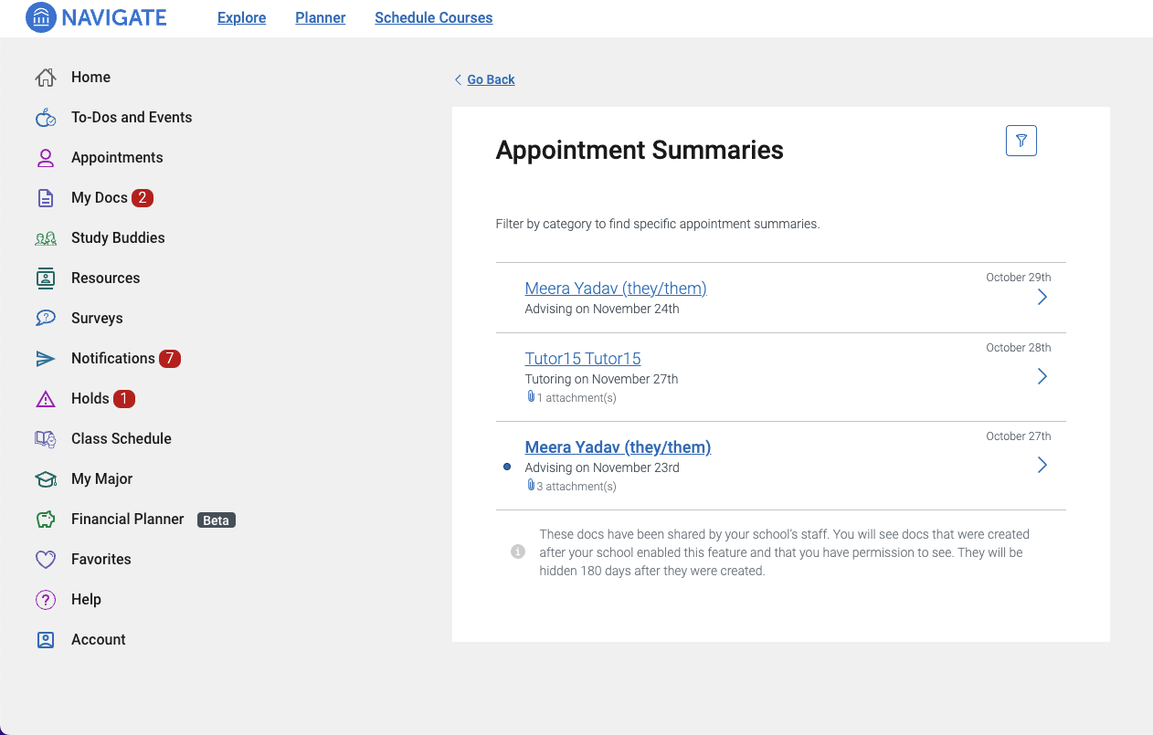 Screenshot of Appointment Summary on Navigate Desktop