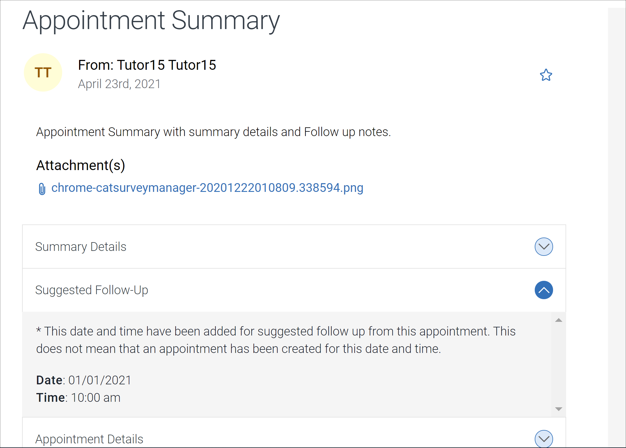 Screenshot of Appointment Summary example on Navigate Desktop