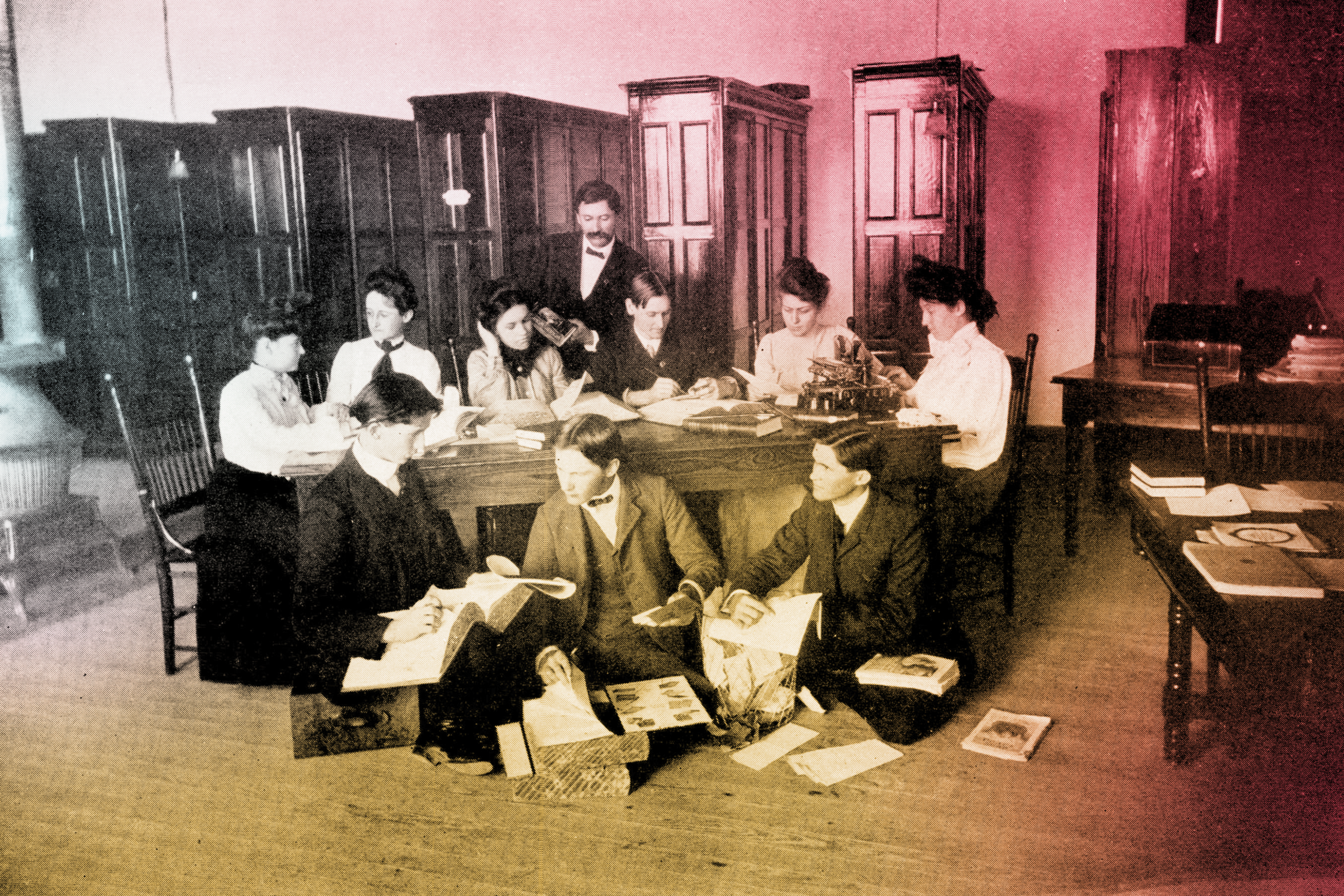 an aged black and white photo of students studying with a colorful gradient overlay