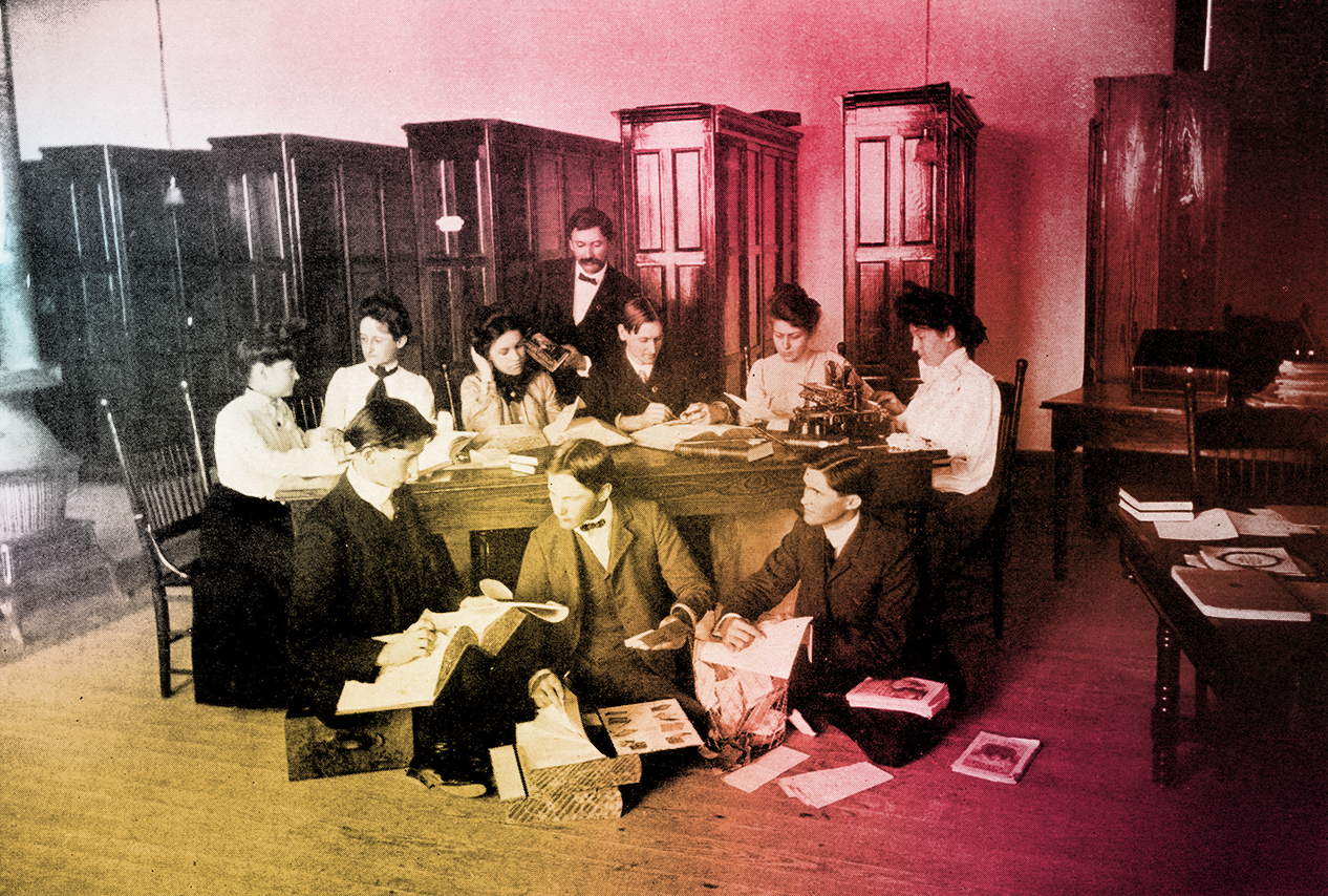 An aged black and white photo of people studying with a colorful gradient overlay