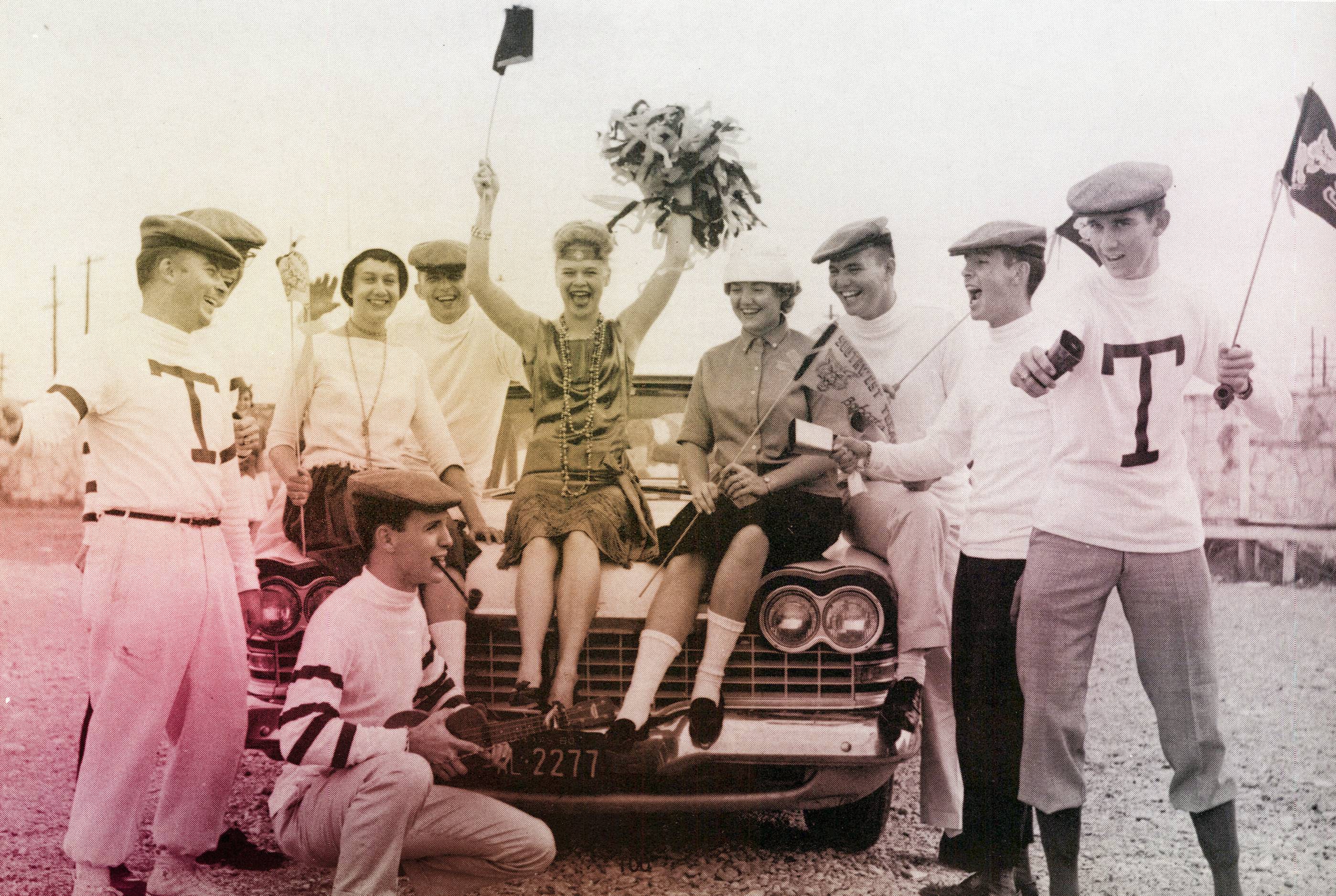 An aged black and white photo of student cheering with a colorful gradient overlay
