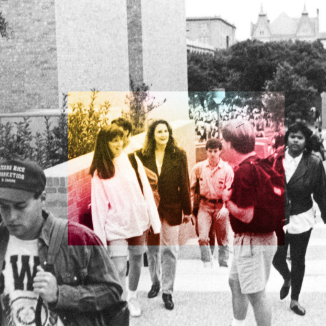 Archival image of students walking on the quad with a unique treatment. links to: 125.txst.edu/yesterday