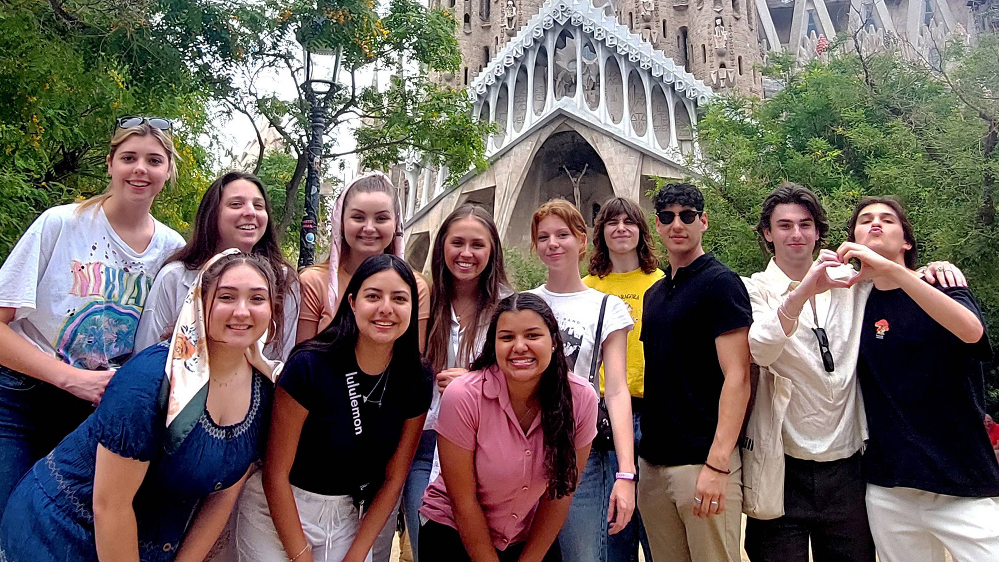 Group of college students posing in Barcelona