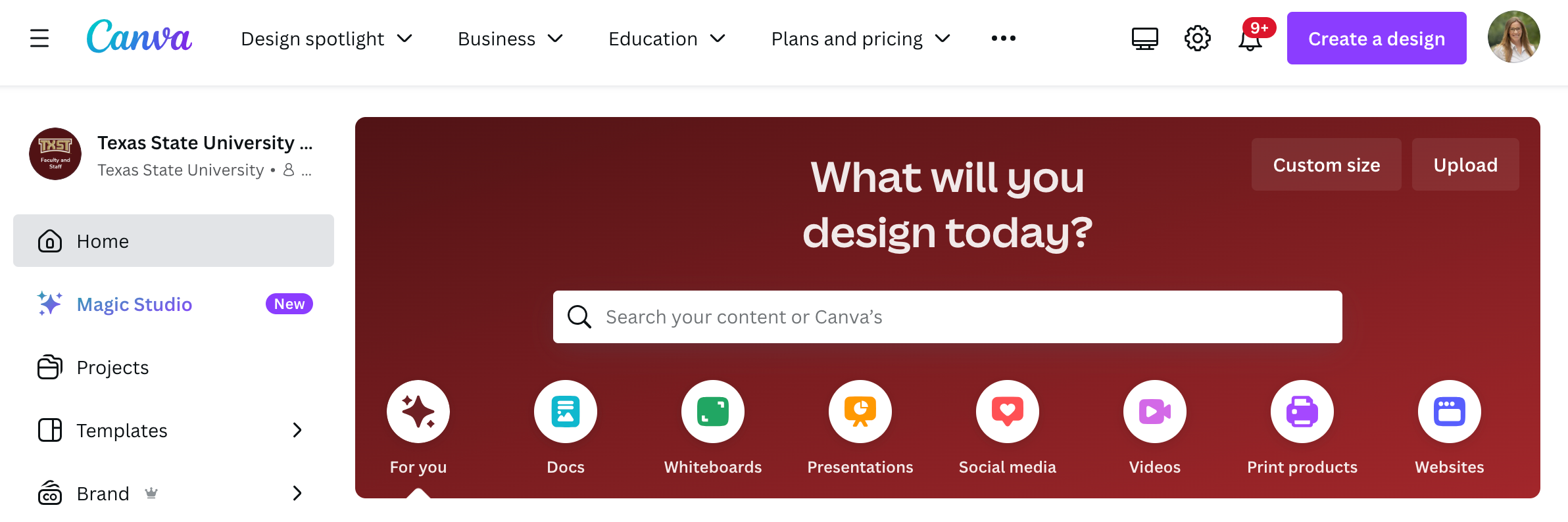 screenshot of canva home page