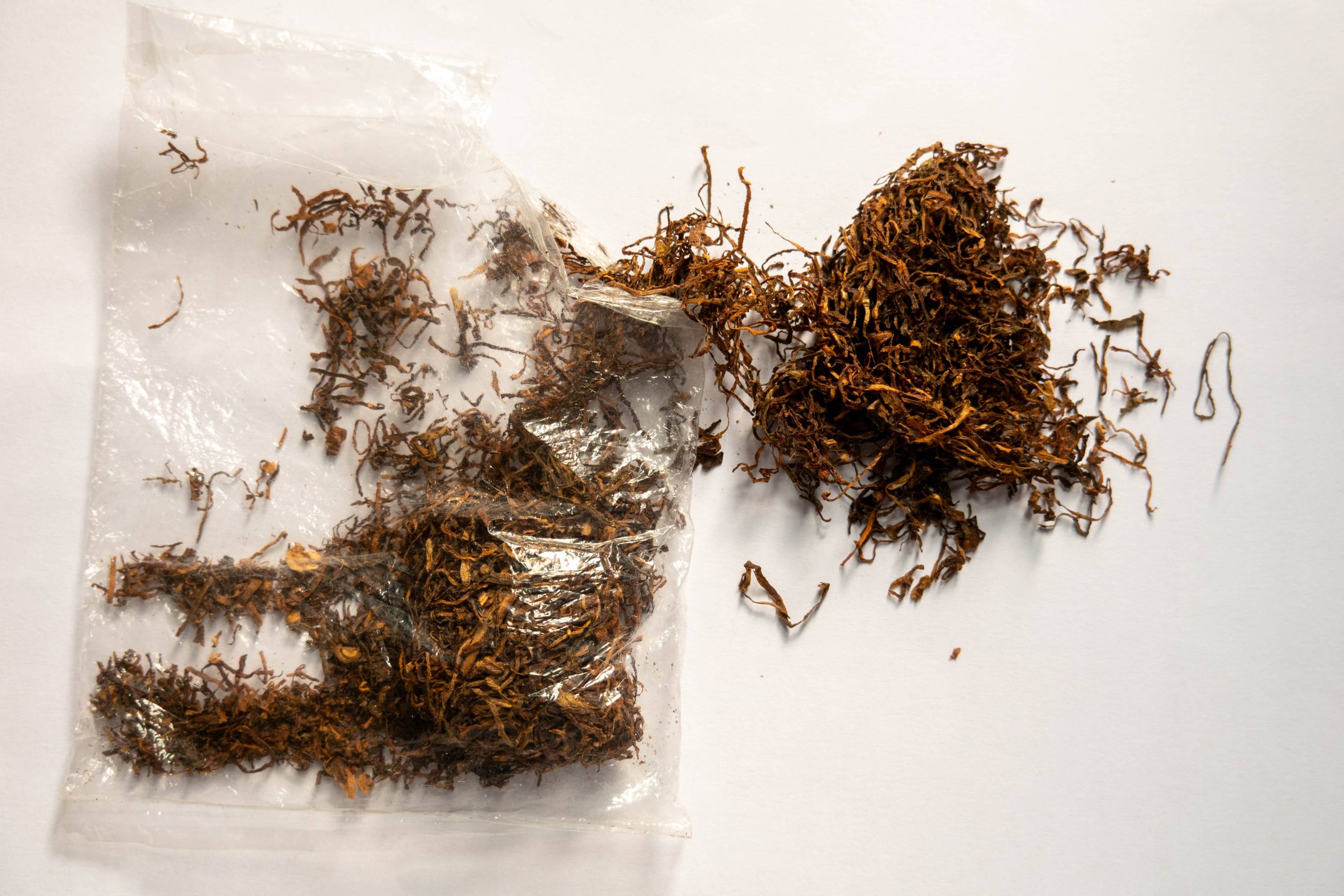 picture of tobbacco in a small transparent plastic bag (left) and some tobbacco out of bag on right. 