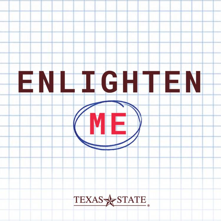 Stylized graph paper background with maroon and red text that reads "Enlighten Me".