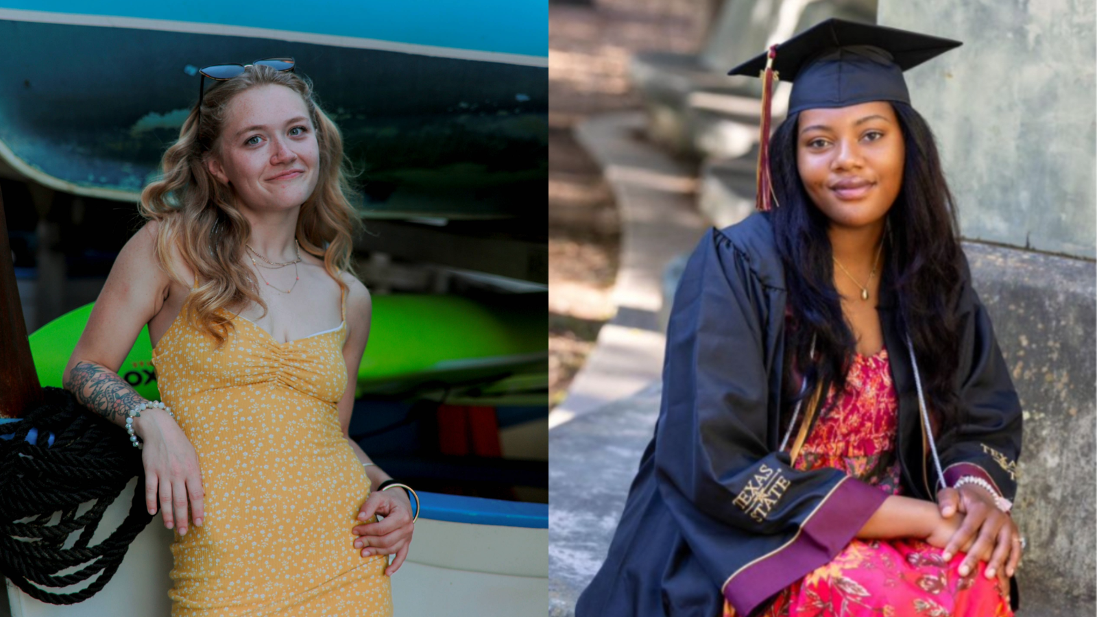 two women; one wearing a yellow dress and one wearing a red dress and graduation regalia