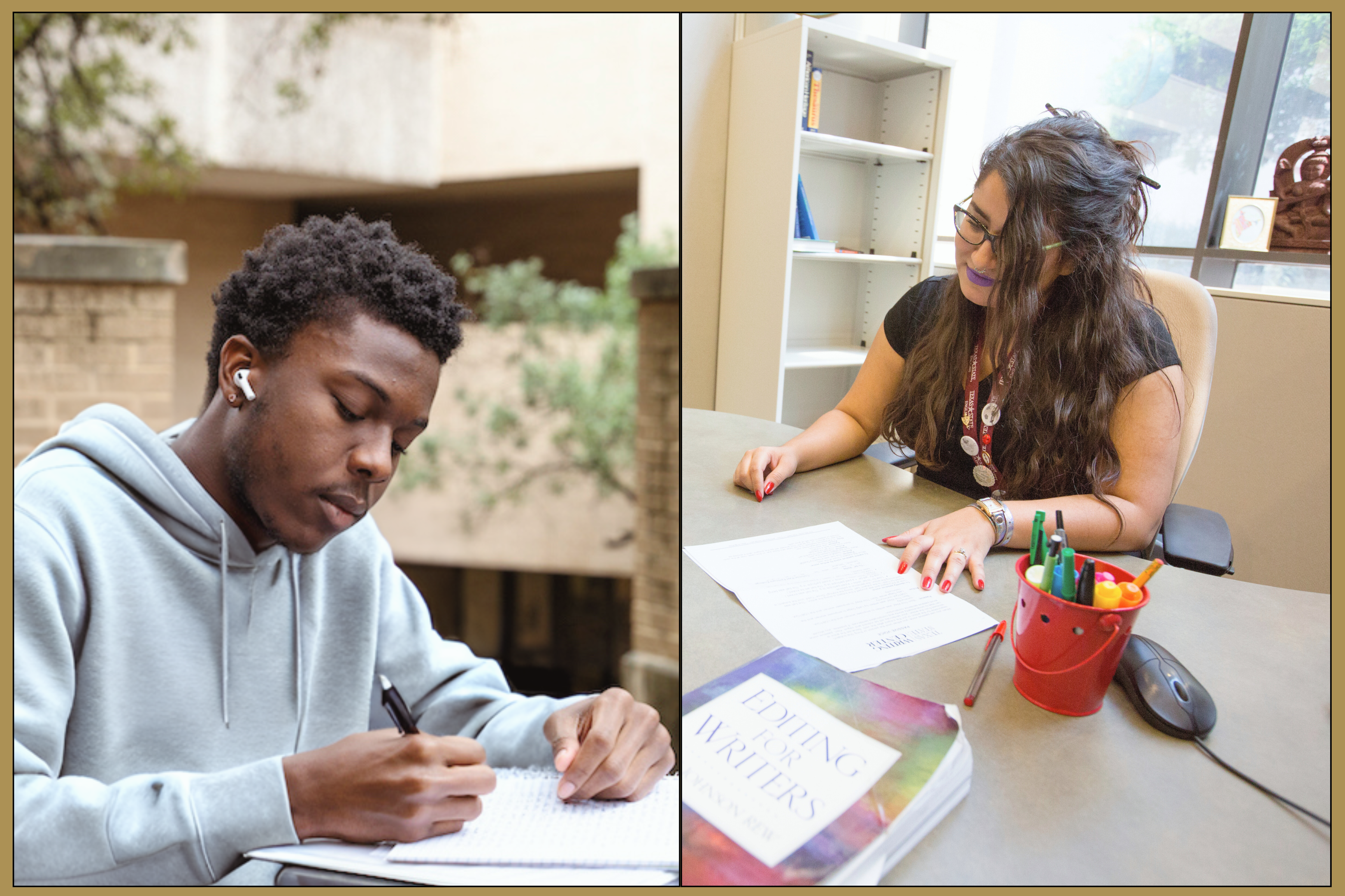 a collage of english students working