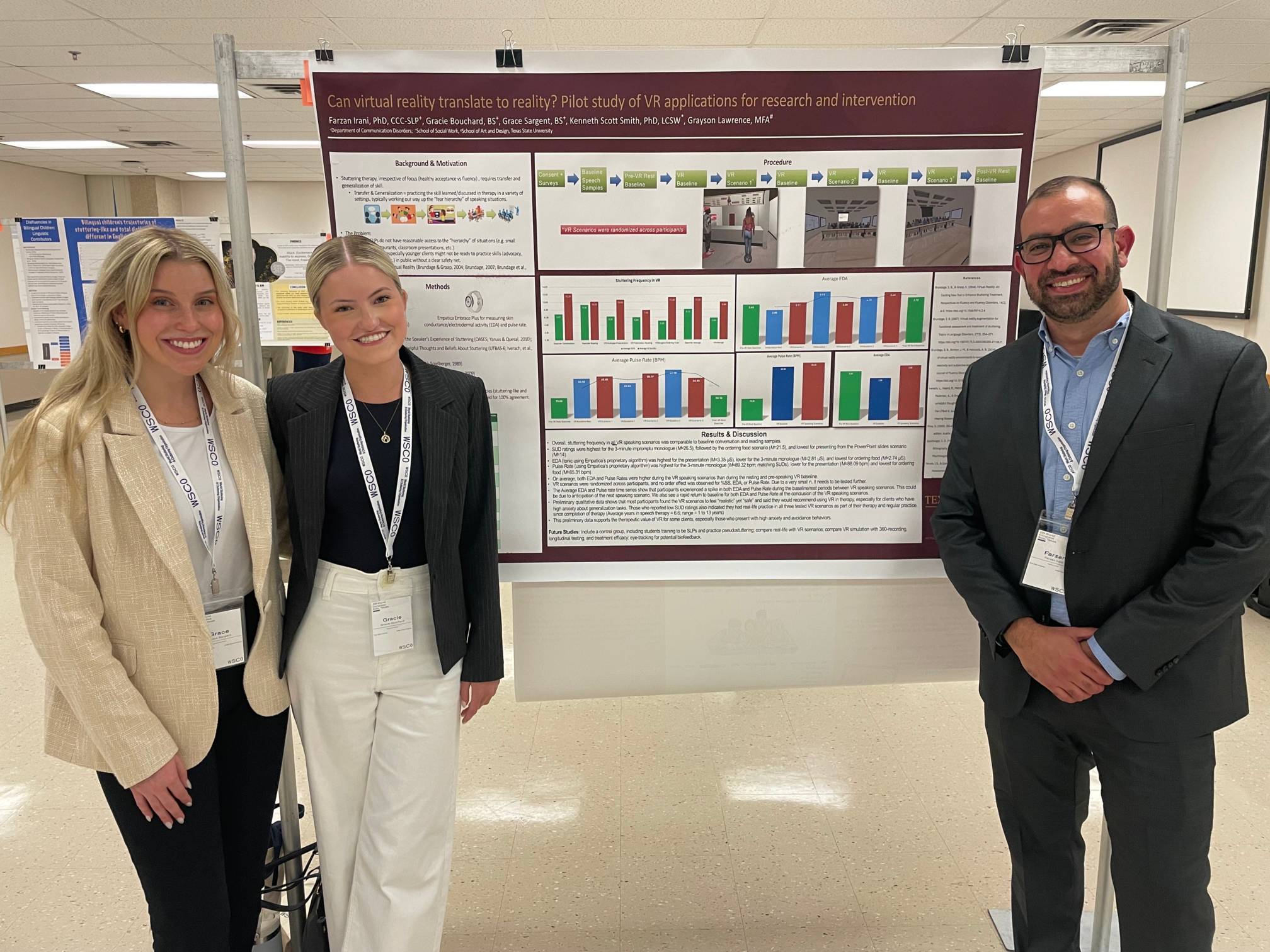 Dr. Irani and CDIS students Grace Sargent and Gracie Bouchard presenting a research poster.