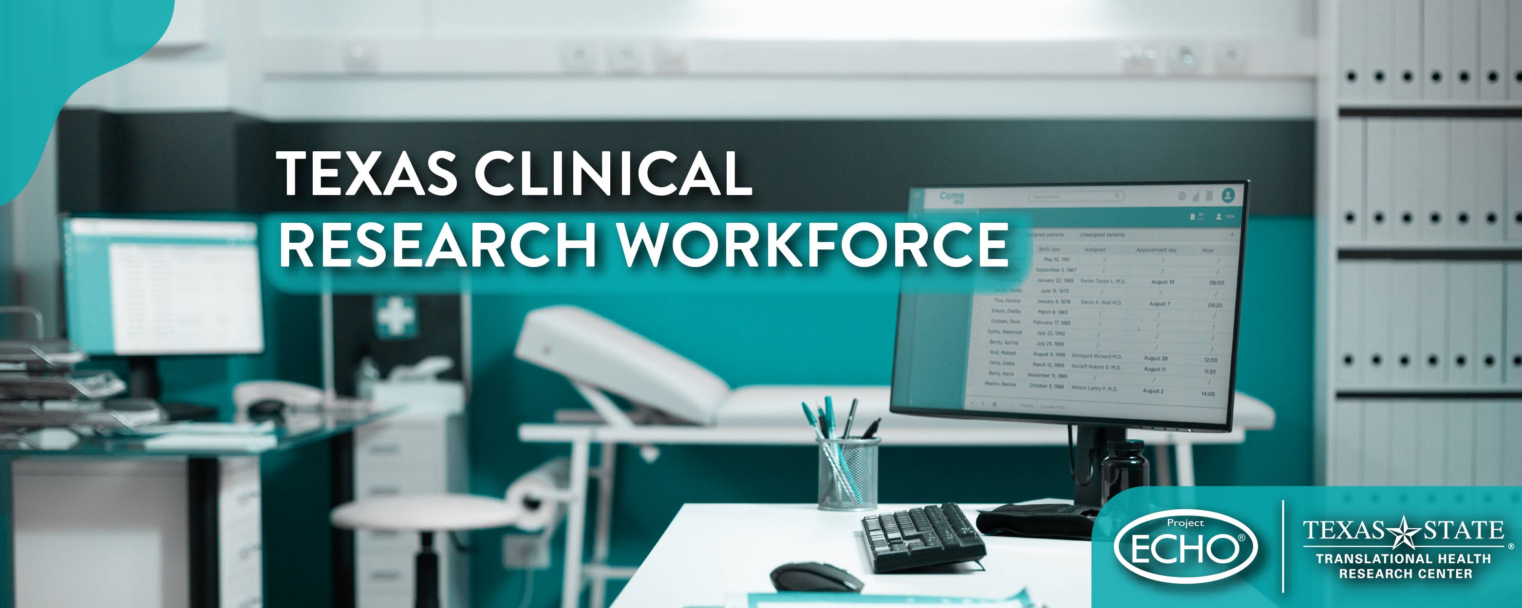 Health+Resilience of the Texas Clinical Research Workforce banner. The background image is the inside of a doctor's office.