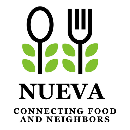 NUEVA logo containing an illustration of a fork and a spoon with leaves coming off of the sides of each. 