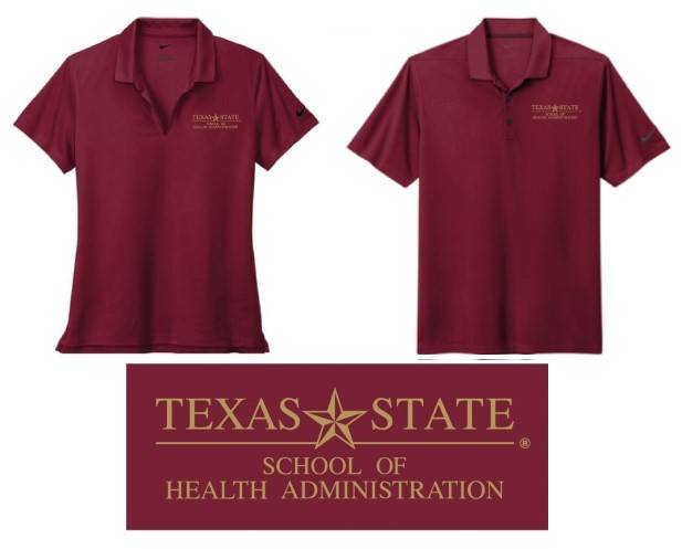 Photo of Maroon with Gold embroidery School of Health Administration polo shirt