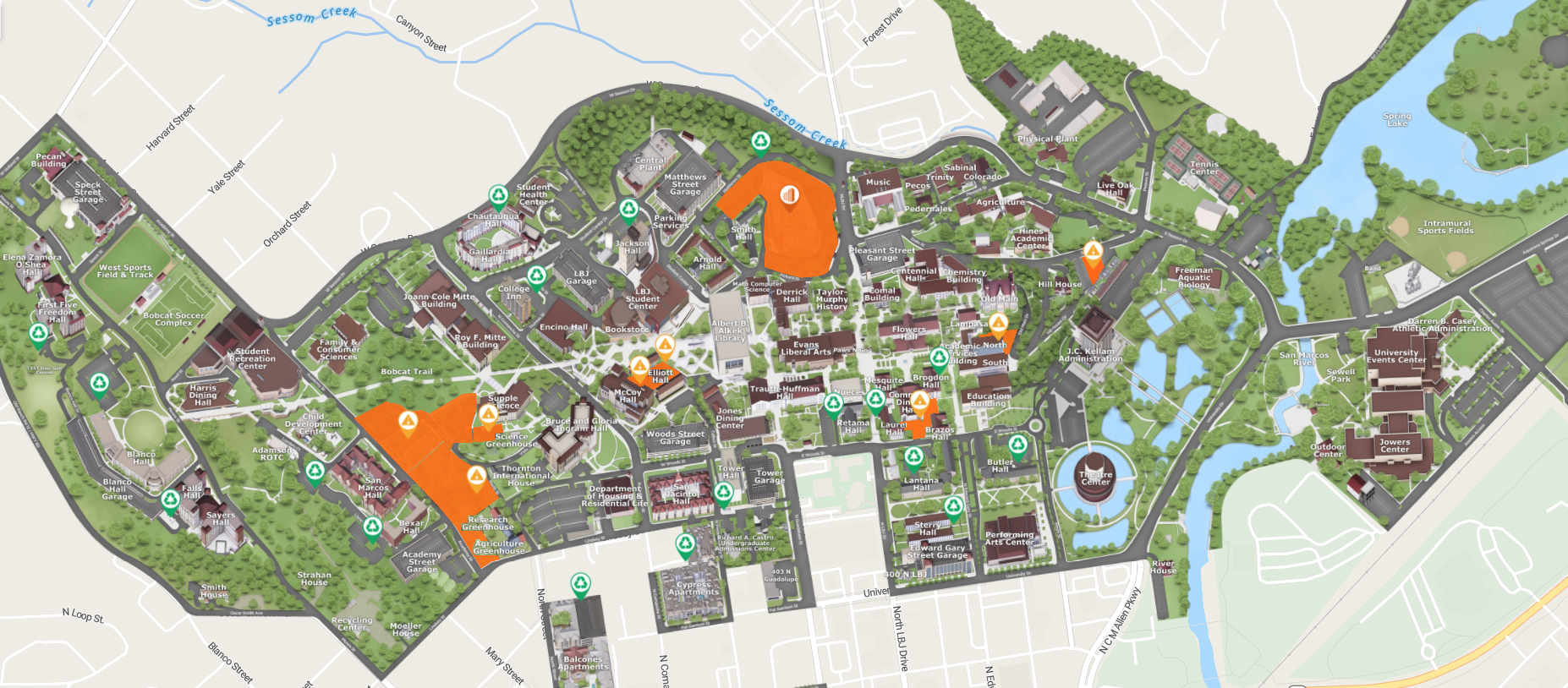 screen capture of the TXST digital map san marcos campus 