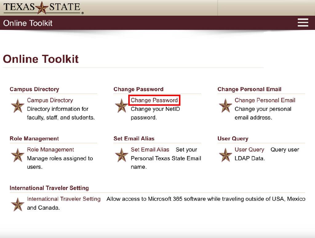 Online toolkit homepage with the change password link circled