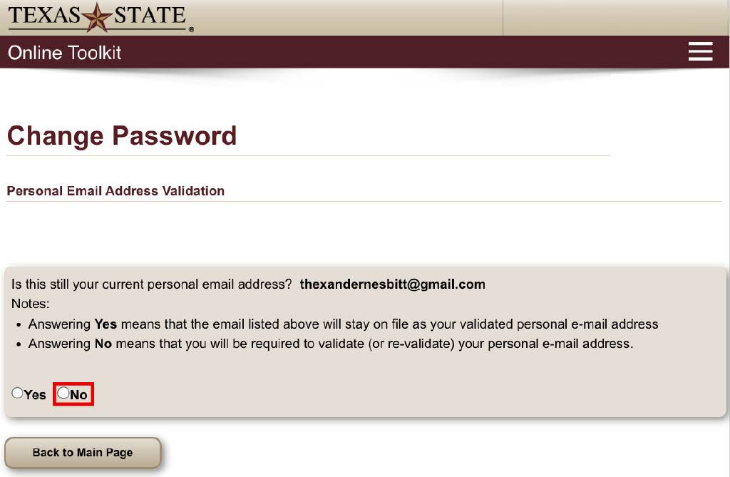 Change password page asking to confirm your personal email address